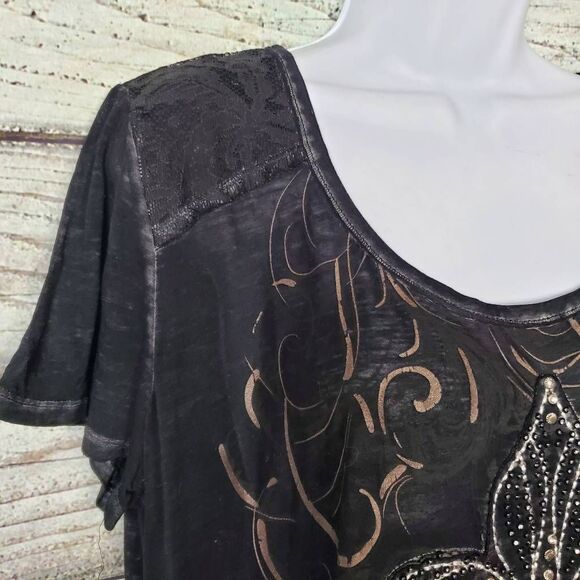 Maurices Women’s XL Black Lace Fleur-de-Lis Graphic Tee Rhinestone Studded Top - Picture 3 of 8